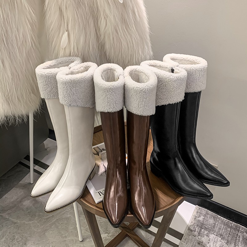 Boot Đùi Lông Cừu Ulzzang Mũi Nhọn Siêu Hot Cho Nữ