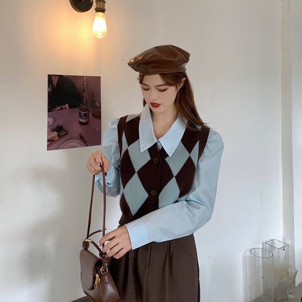 Áo len không tay họa tiết sọc theo phong cách Hàn Quốc