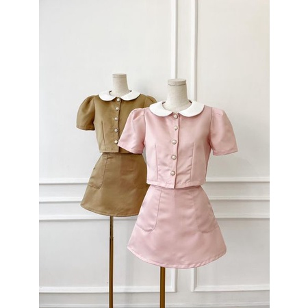 [HÀNG THIẾT KẾ CAO CẤP] Set Áo Tay Ngắn + Chân Váy Xòe Công Sở / Đi Tiệc / Du Lich Dễ Thương Màu Hồng / Nude