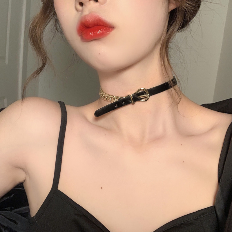 Vòng Cổ choker Dây Da Màu Đen Với Khóa Kim Loại Phong Cách Cổ Điển 19903 Thời Trang