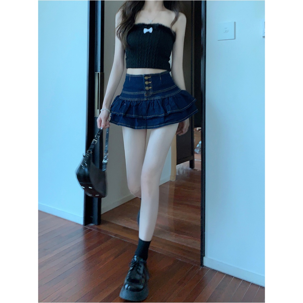 Chân váy nữ, chân váy jeans phối cúc hàn quốc màu xanh size S M L SKUCV-02A