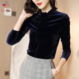 Áo nhung tay dài cổ cao có dây buộc thời trang cho nữ