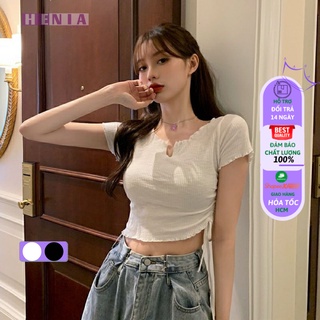 Áo thun viền ren cổ v có rút, áo croptop polo siêu xinh henia