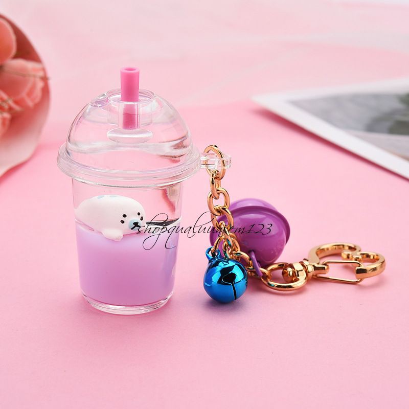 Móc Khóa Ly Trà Sữa Có Nước Thú Cưng Siêu Xinh