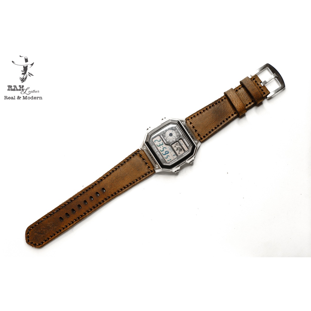 Dây đồng hồ RAM Leather Classic 1950 cho CASIO 1200, AE 1200, 1300, 1100, A159 , A168 , Size 18 da sáp ngựa