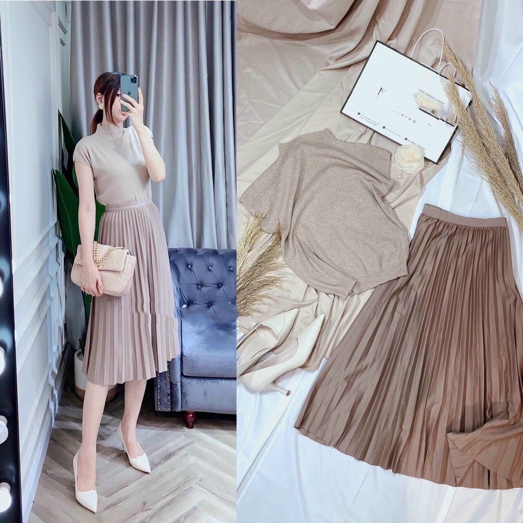 Chân váy xếp ly dáng dài cạp thun, chân váy xếp ly dài qua gối hàng Quảng Châu