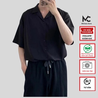 Áo sơ mi ngắn tay nam nữ unisex basic trơn vải cotton lụa trắng và đen - kiểu sơ mi tay cộc tay nam michee store