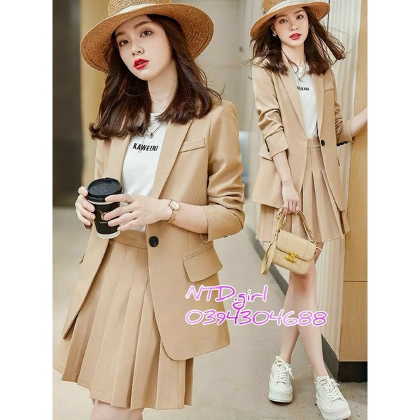 Hàng nhập - Set bộ vest nữ cotton lạnh gồm áo blazer và chân váy xòe dập ly, sét đồ thời trang công sở xinh lung linh