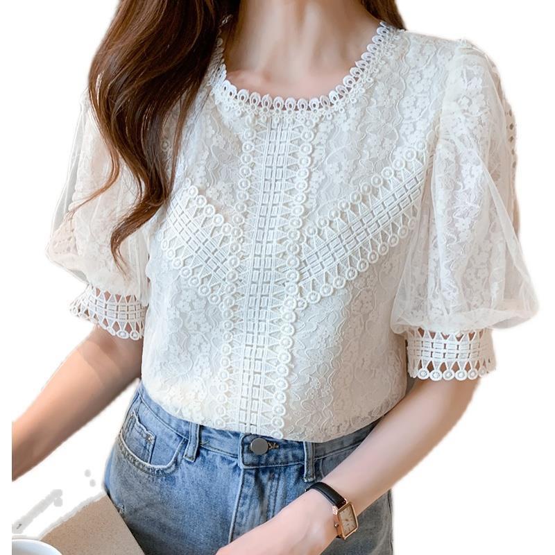 Áo Chiffon Tay Ngắn Phồng Phối Ren Phong Cách Hàn Quốc Mẫu Mới 2021 Thời Trang Mùa Hè Cho Nữ