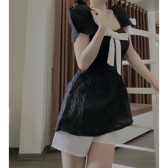 Set áo gấm đen nơ trắng kèm quần short VIBES