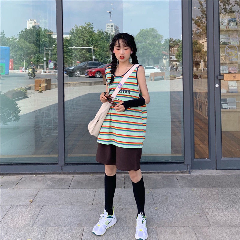 Áo không tay nữ Dáng Rộng In Chữ Màu Cầu Vồng Phong Cách Hàn Quốc Hàng Mới