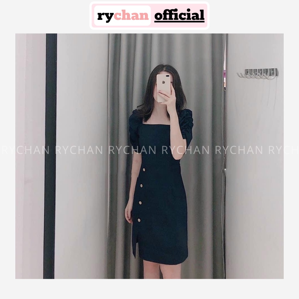 Đầm Xòe Midi Xẻ Tà Tay Phồng Nút Bọc 2 Màu Trang Nhã - DX9989
