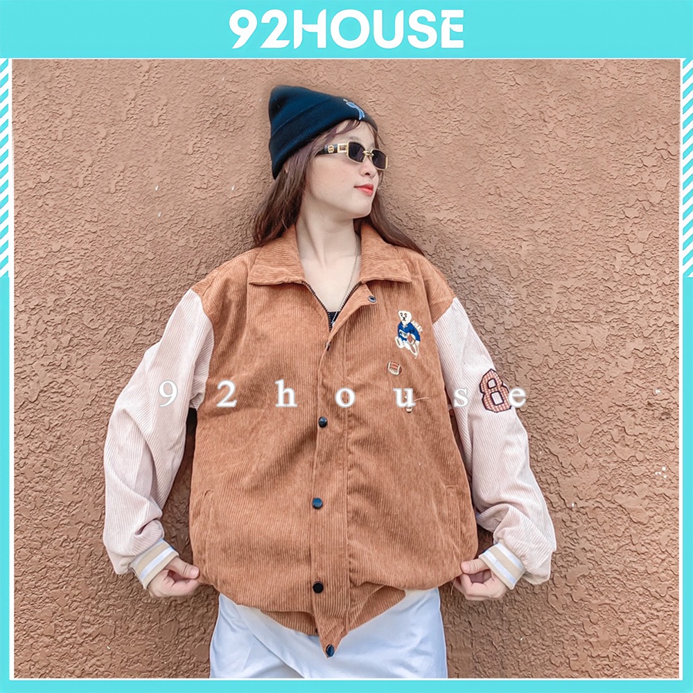 Áo khoác bomber unisex thêu gấu teddy / Áo khoác nam nữ nhung tăm thêu gấu bóng chày cá tính