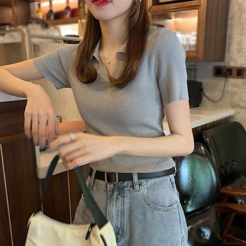 Áo Phông Áo Croptop Áo Thun Dệt Kim Tay Ngắn Cổ Chữ V Màu Trơn Thanh Lịch