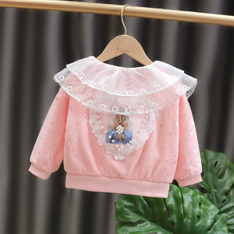 Áo khoác bé gái size 6-16kg họa tiết chấm bi phối cổ ren điệu đà  AK25