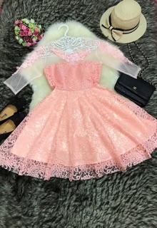 Đầm Ren Công Chúa Phối Lưới Đấp Ren CC