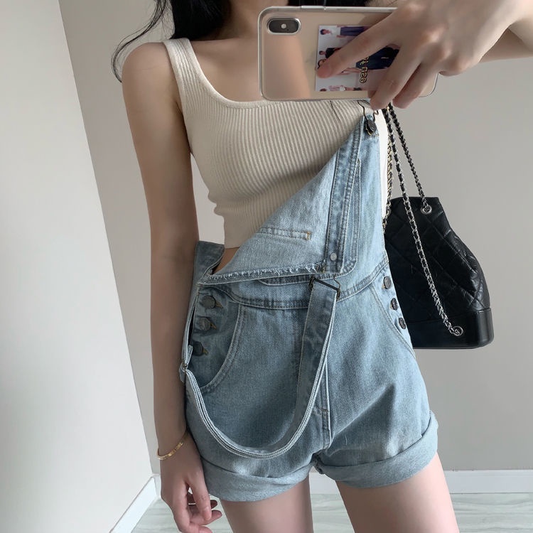 Quần Yếm Denim Dáng Rộng Lưng Cao Dễ Thương Thời Trang Mùa Hè Cho Nữ