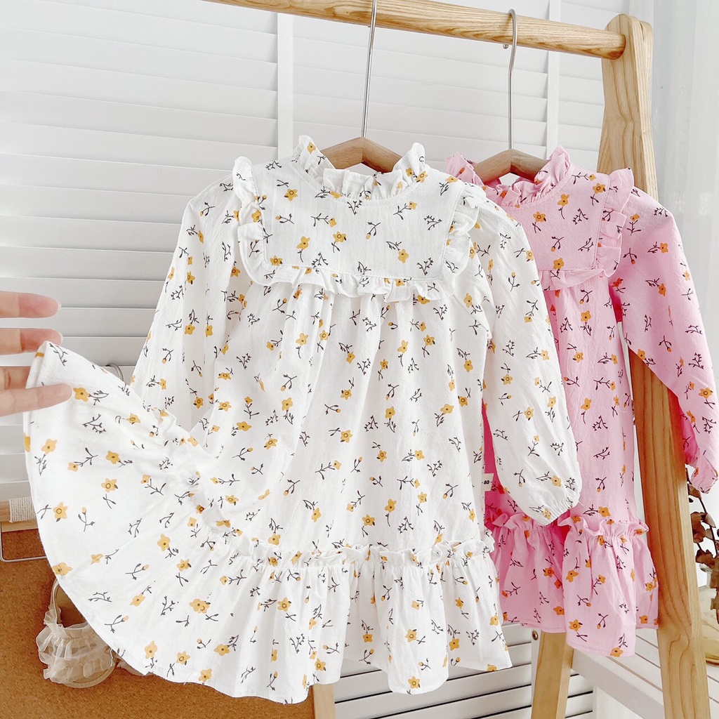 Váy thu dài tay cổ trụ hoa nhí cho be gái 1-5 tuổi (Mã V060402)- Ảnh thật