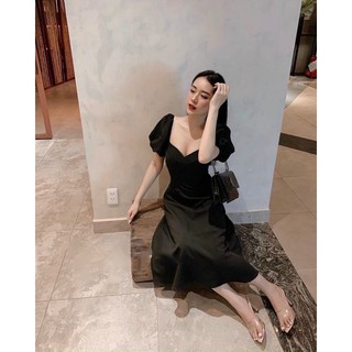 Đầm midi đen cổ tim tay bồng