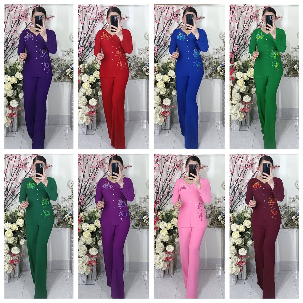 Bộ Bà Ba Thêu Hoa Cúc Ống Rộng (Thêu trên vải)