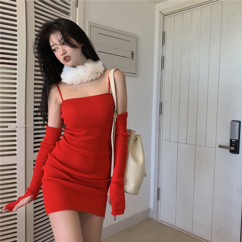 Đầm dệt kim hai dây màu đỏ thời trang thu đông dành cho nữ