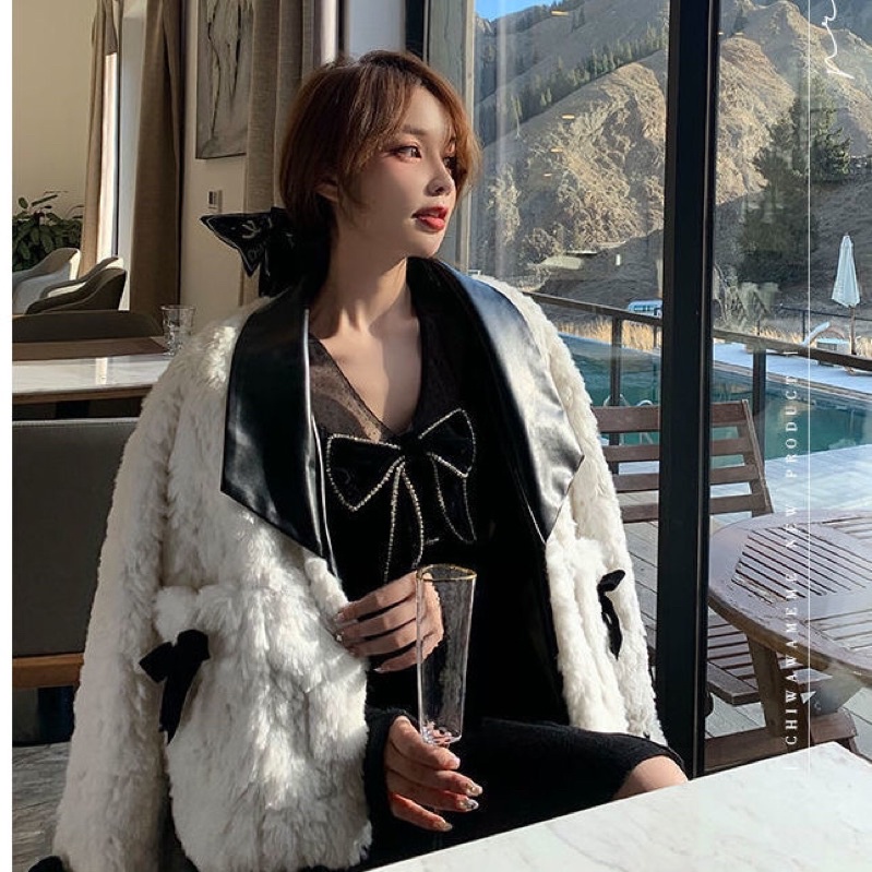 Áo Khoác Lông Dáng Ngắn Cổ Bẻ Tay Nơ Điệu Đà TCC009i kĩ