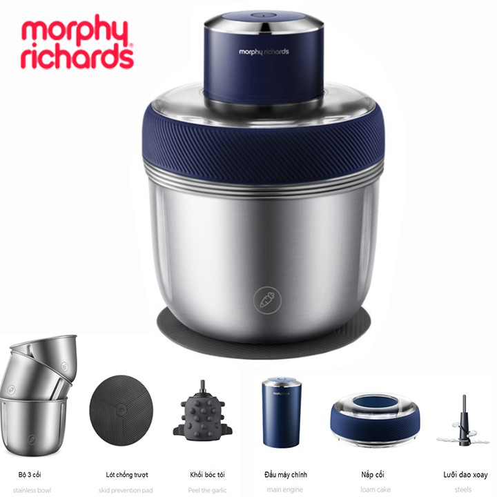 Máy xay thịt, kiêm máy bóc tỏi tích hợp 3 cối. Chất liệu inox 304, thương hiệu Morphy Richards MR9401 (Bảo hành: 1 NĂM)