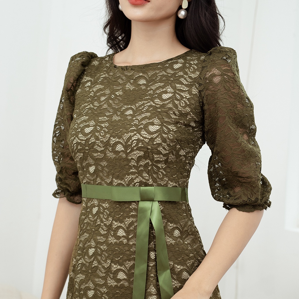 Đầm ren nữ sang trọng cao cấp có lót thiết kế thời trang Eden cổ tròn tay lỡ phối nơ eo tạo nét quyến rũ - D459