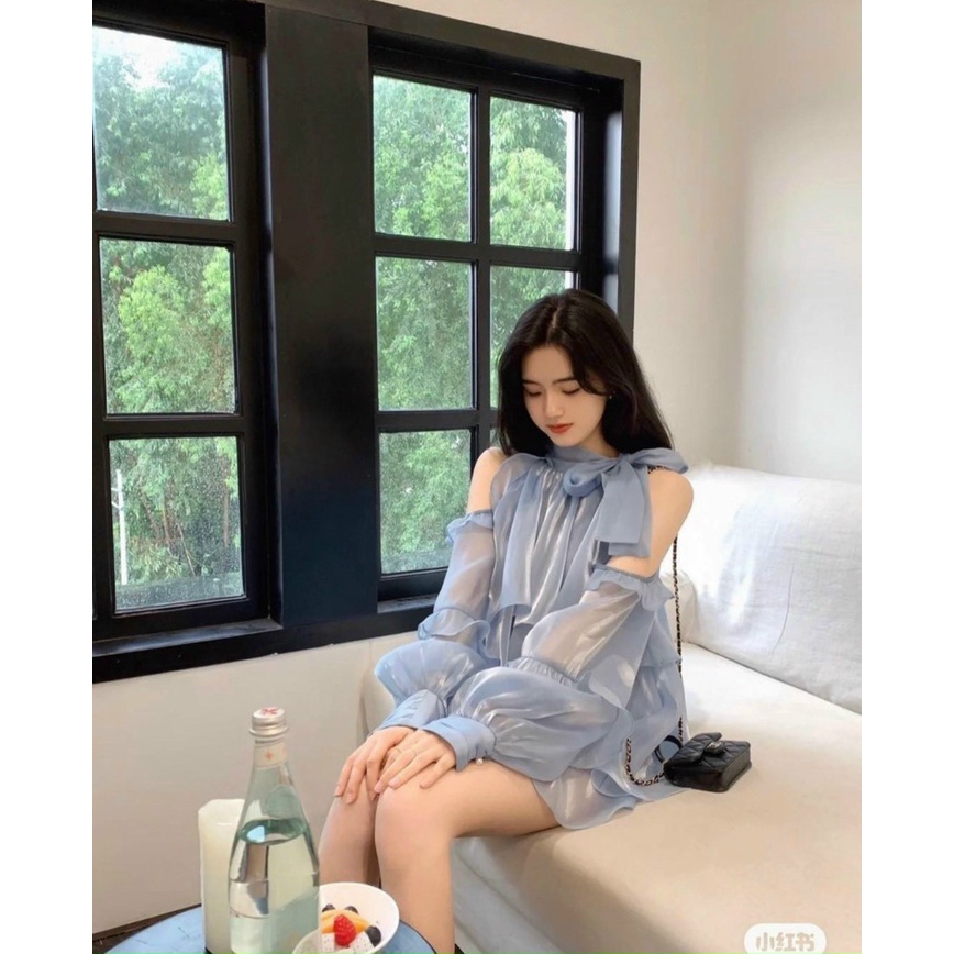 (Ảnh thật) Set áo yếm chất vải organza tay dài, hở vai xếp tầng phối cùng quần short kate. Hàng nhập Thái.