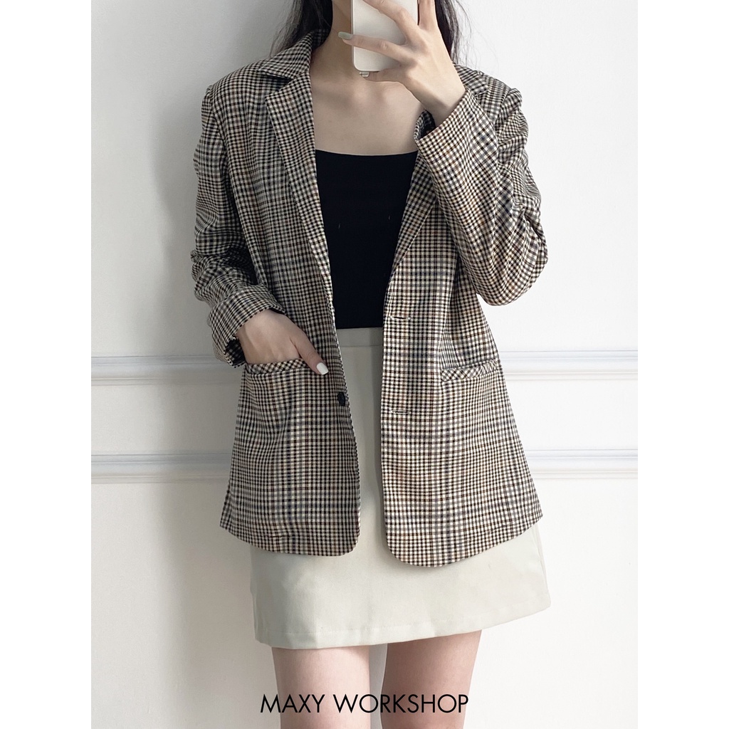 Áo khoác nữ công sở sọc nâu caro button blazer Maxy Workshop