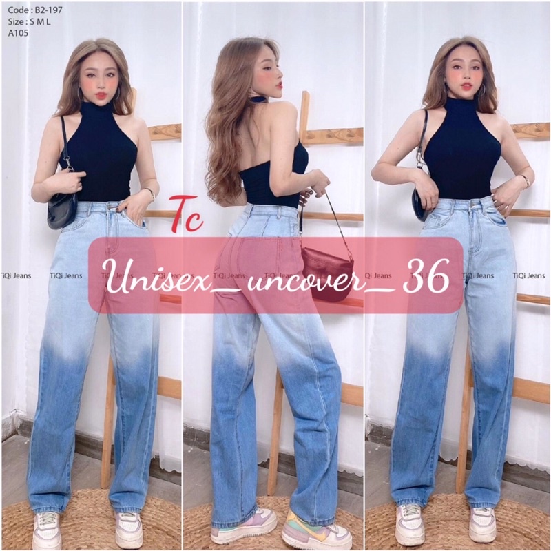 Quần Jeans Bò Nữ Ống Rộng Loang Xanh Trơn Và Rách Chất Bò Mêm