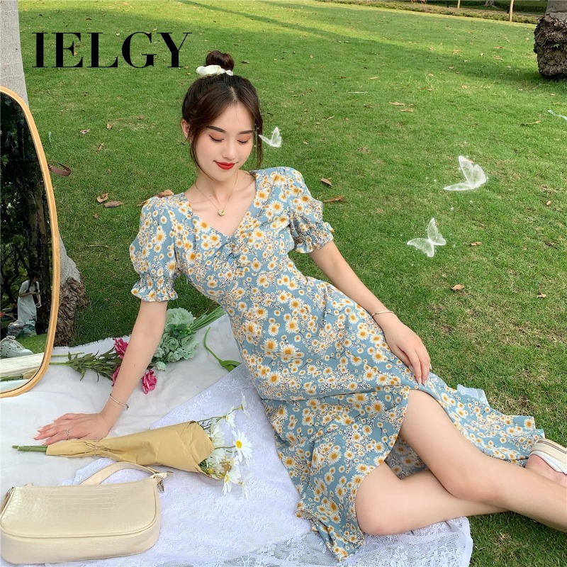 Đầm dài IELGY tay phồng in họa tiết hoa cúc thanh lịch cho nữ