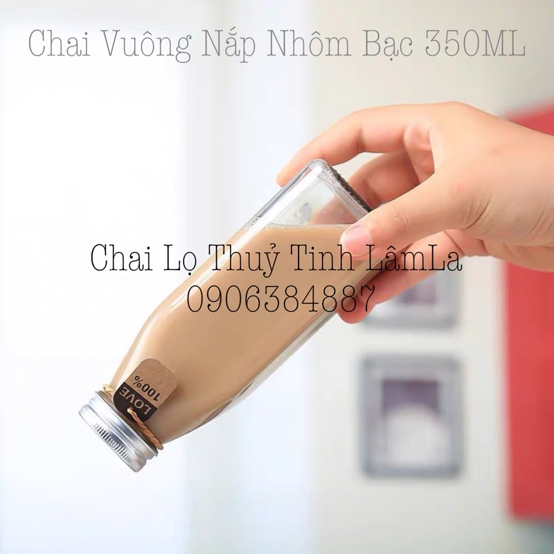 Chai Thuỷ Tinh Vuông Nắp Nhôm Bạc | Nắp Dây 350ml