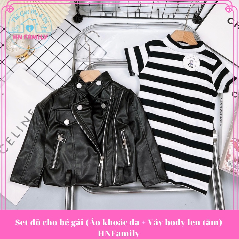 Set đồ cho bé gái (Áo khoác da + Váy body len tăm) HNFamily Set bộ đồ 2 chi tiết đi chơi đi học cho bé siêu xinh FKS001