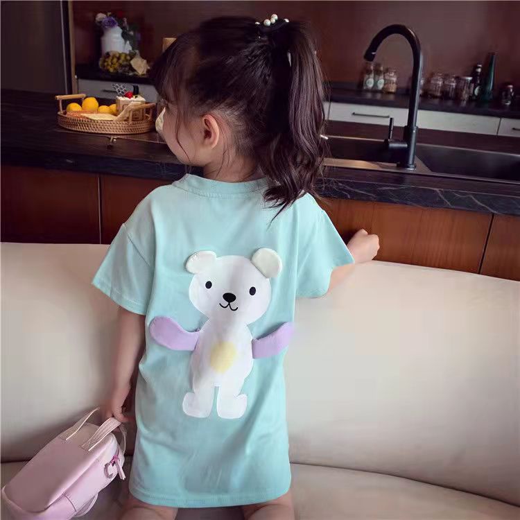 [Kacily]Áo thun/áo liền quần co giãn in hình gấu dễ thương cho bé gái