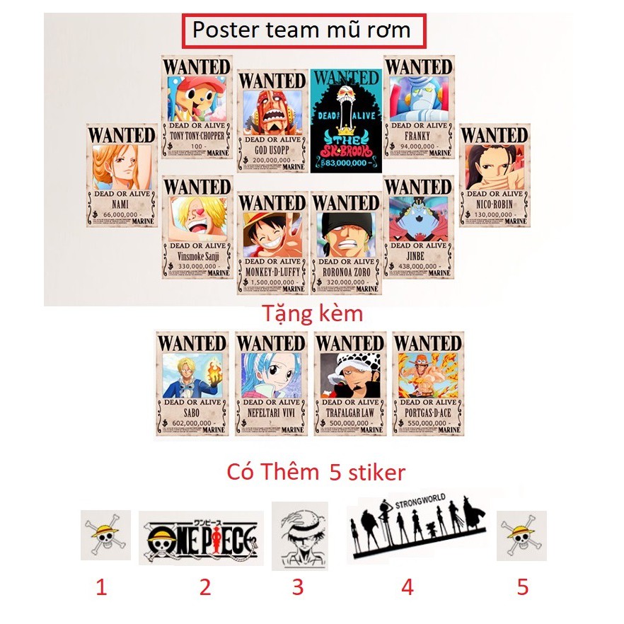 BỘ poster Wanted Truy nã Onepiece - 9 nhân vật team mũ rơm + tặng kèm 5 poster (Ace, Sabo, Jinbei,...)