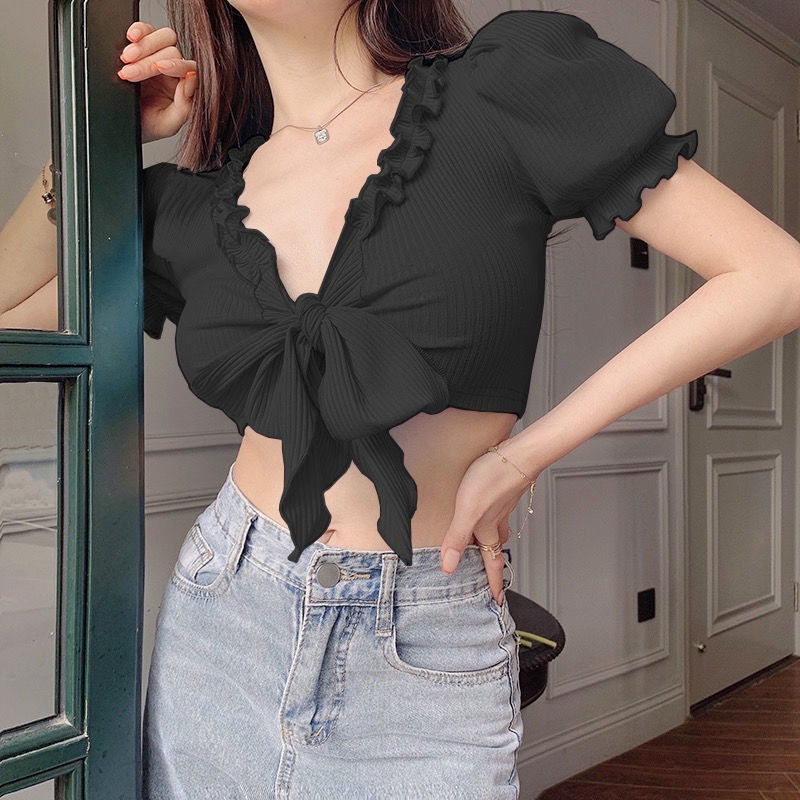 Áo Croptop cột nơ ngực cuốn biên buộc nơ trước - AK0017 | steven.factory