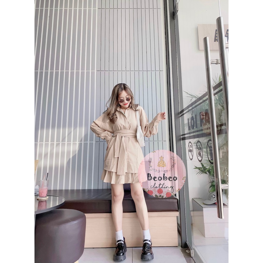 Set áo sơ mi tay phồng thắt nơ kèm chân váy xếp ly ulzzang