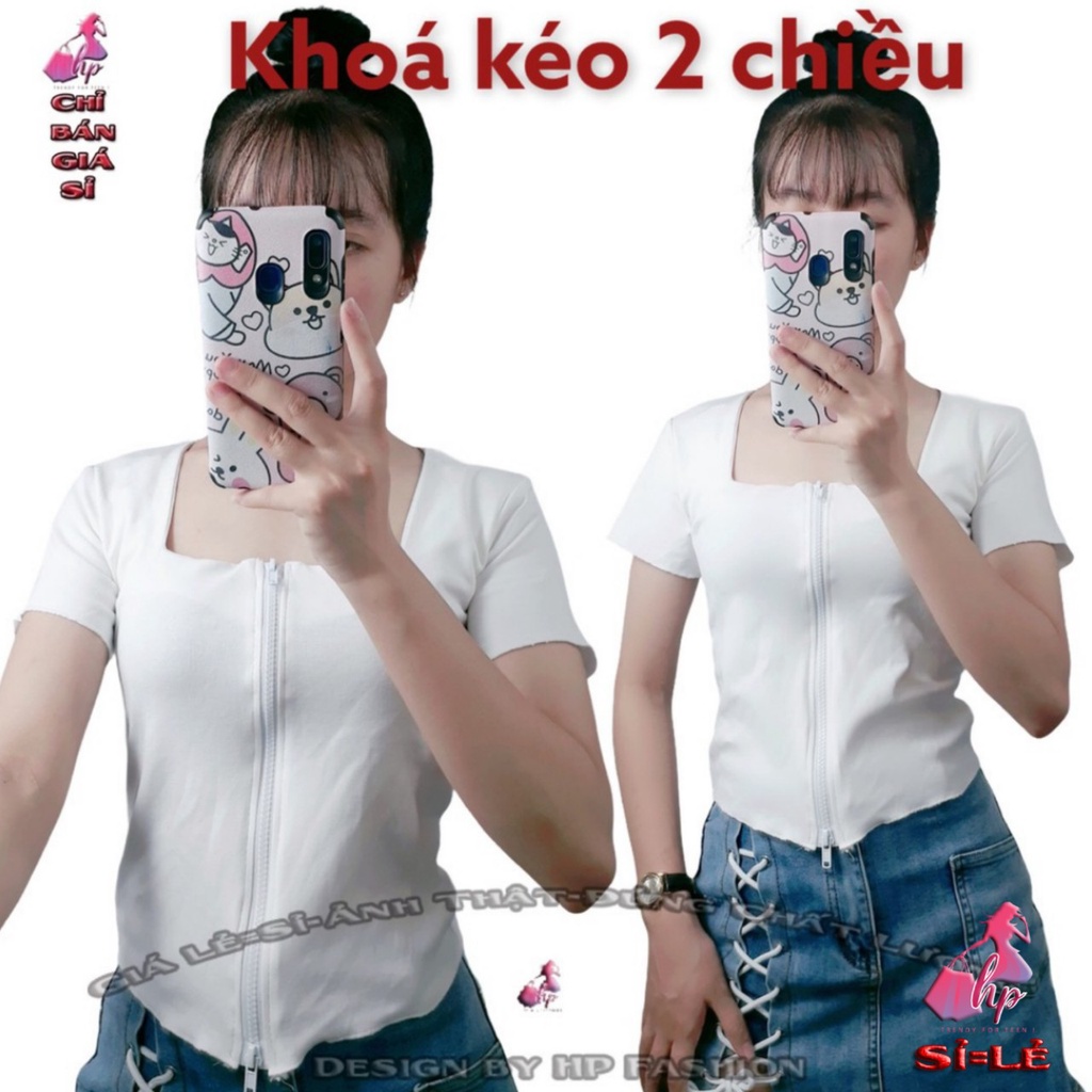 Áo cổ vuông ôm body nữ thun cotton borip mịn dây kéo 2 chiều tay ngắn mẫu mới siêu thời trang [ giá bán sỉ ]