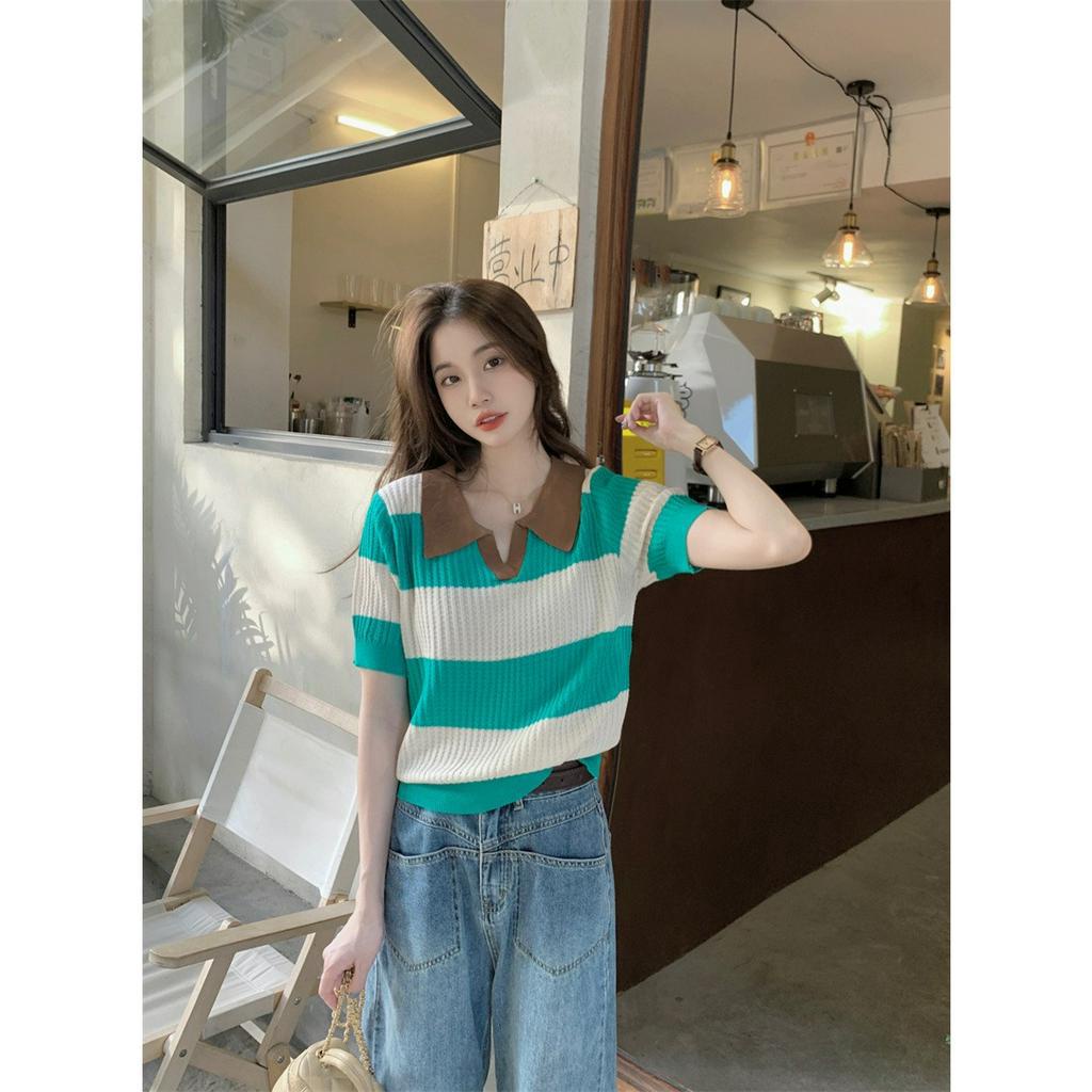 ZHELIHANGFEI Áo Thun Ngắn Tay Cổ Chữ v Form Rộng Họa Tiết Kẻ Sọc Màu Sắc Tương Phản Phong Cách Hàn Quốc