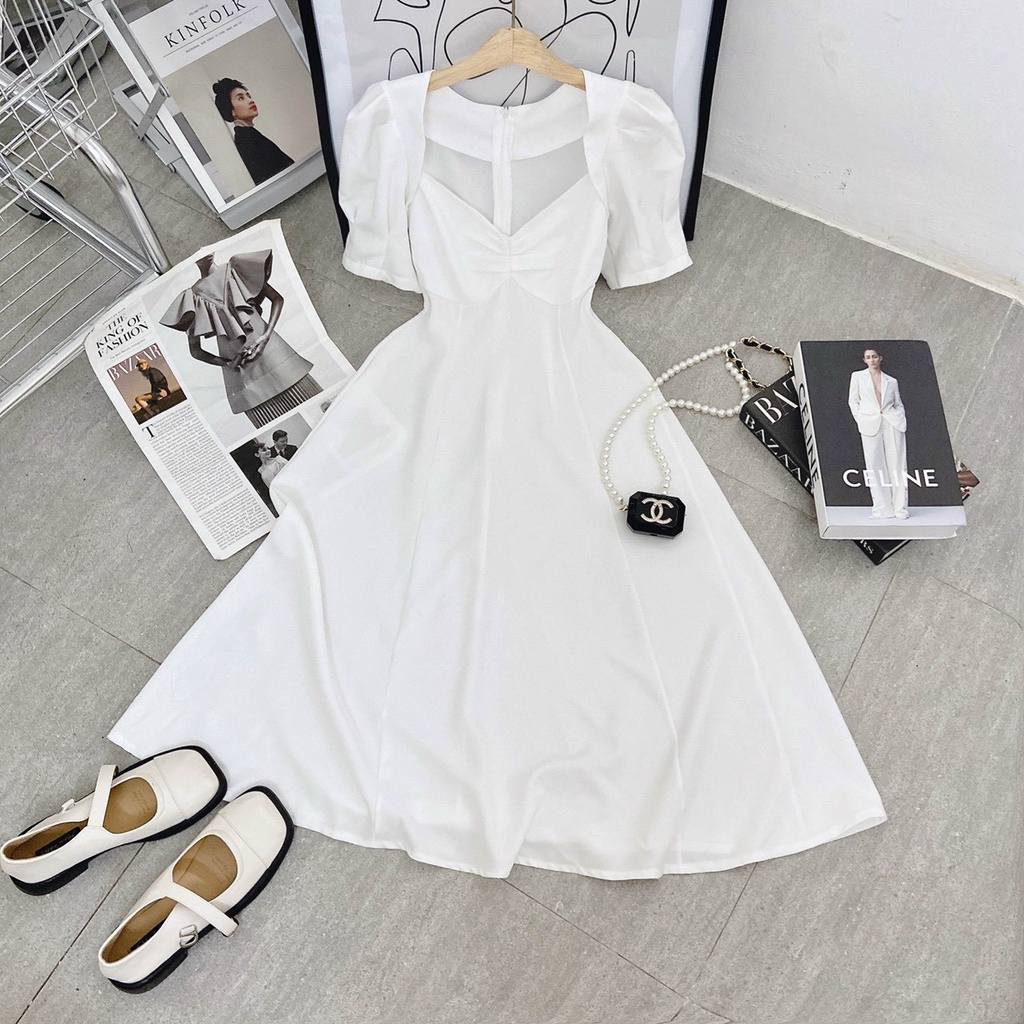 Đầm midi nhíu ngực tay phồng nhẹ nhàng,nữ tính