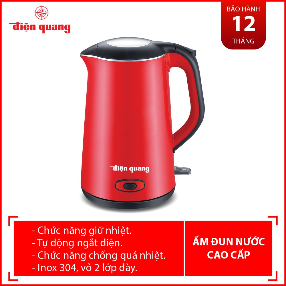 Ấm đun nước cao cấp Điện Quang ĐQ EKT09 1515 R KW (1500W, 1.5L, inox 304, vỏ 2 lớp, có chức năng giữ ấm, màu đỏ)