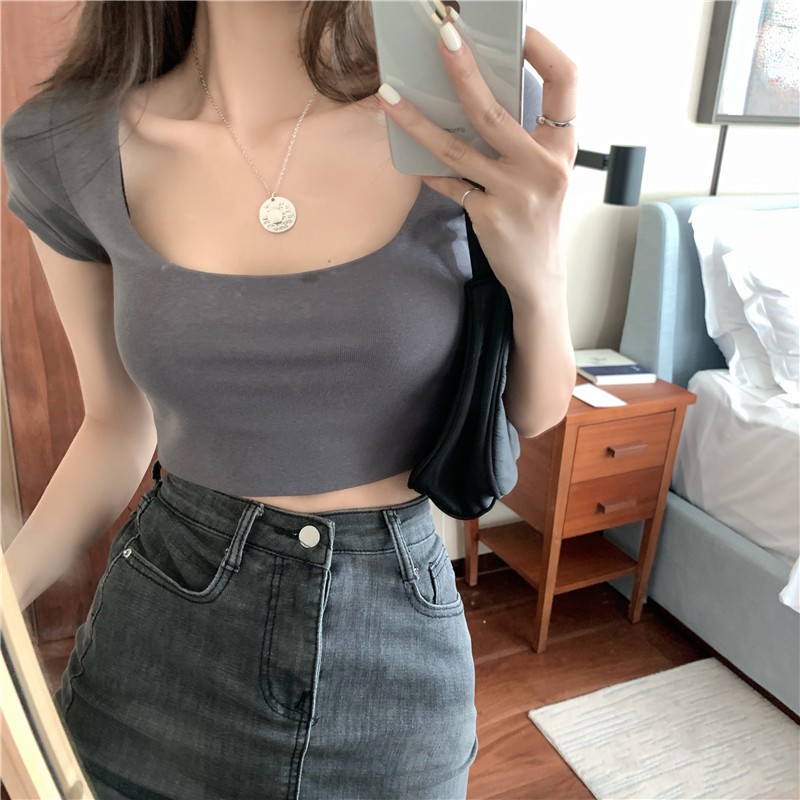 ☈㍿Mùa hè năm 2021 mới áo thun ngắn tay ôm sát cổ vuông mỏng kiểu Hàn Quốc quần nữ blouse màu trơn cắt cúp