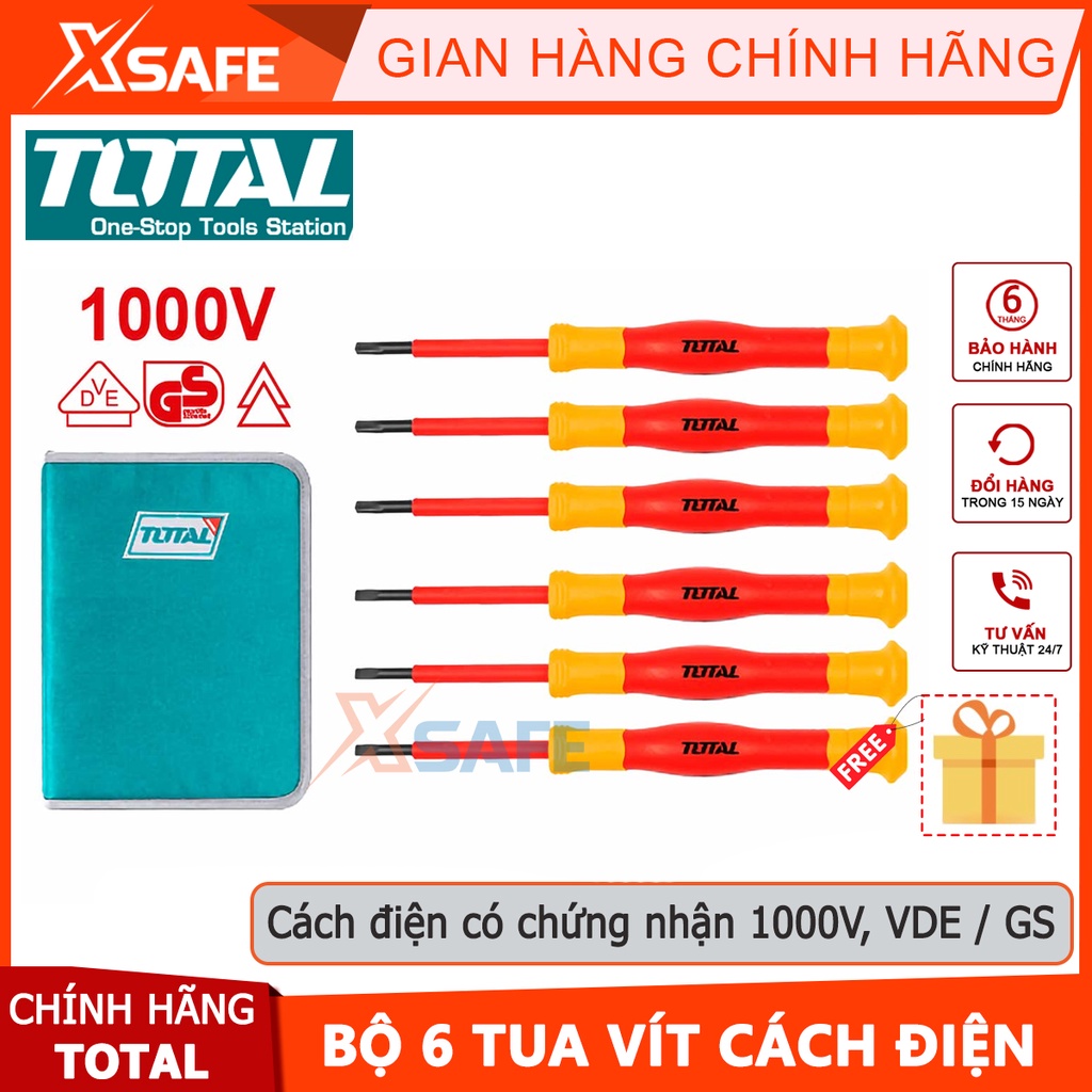 Bộ 6 tua vít cách điện TOTAL THKIPSD0601, sử dụng chất liệu S2, bộ tuốc nơ vít cách điện có chứng nhận 1000V, VDE/GS