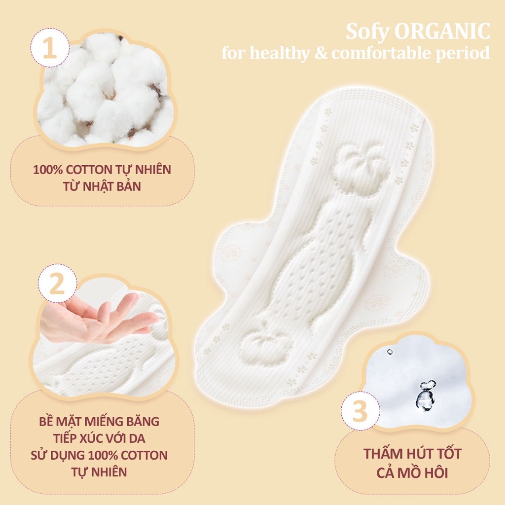 Bộ 6 Băng vệ sinh siêu mỏng có cánh Sofy Organic 23cm 100% Cotton (gói 8 miếng)