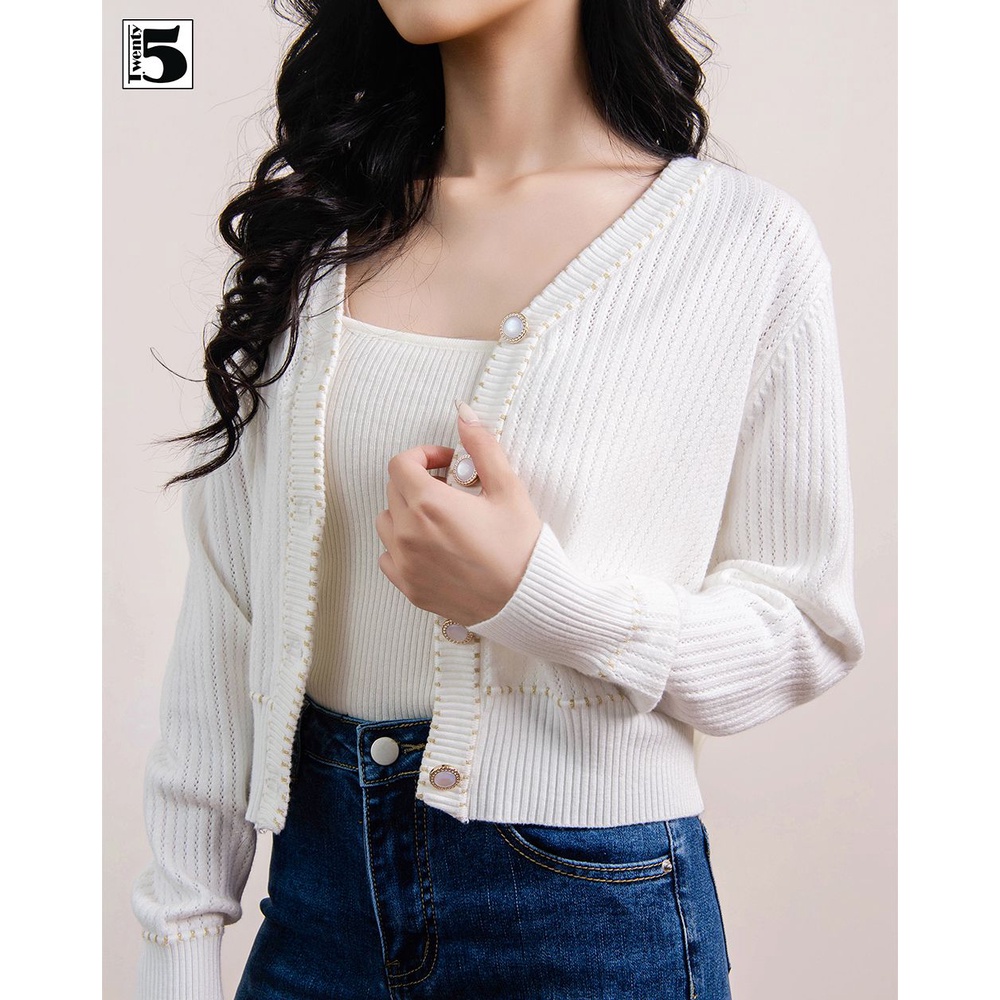 Áo khoác len cardigan mỏng cổ tim dệt viền kim tuyến Twentyfive 4187