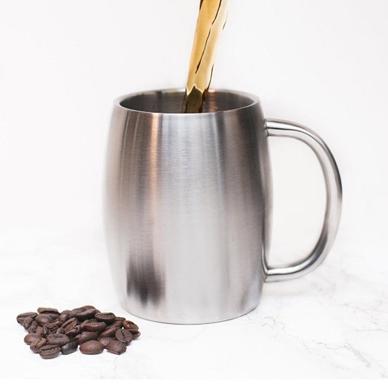 CỐC  UỐNG CAFÉ BẰNG INOX 304 GF400 LOẠI 2 LỚP CHỐNG NÓNG, CÓ NẮP NHỰA, DUNG TÍCH 400ML