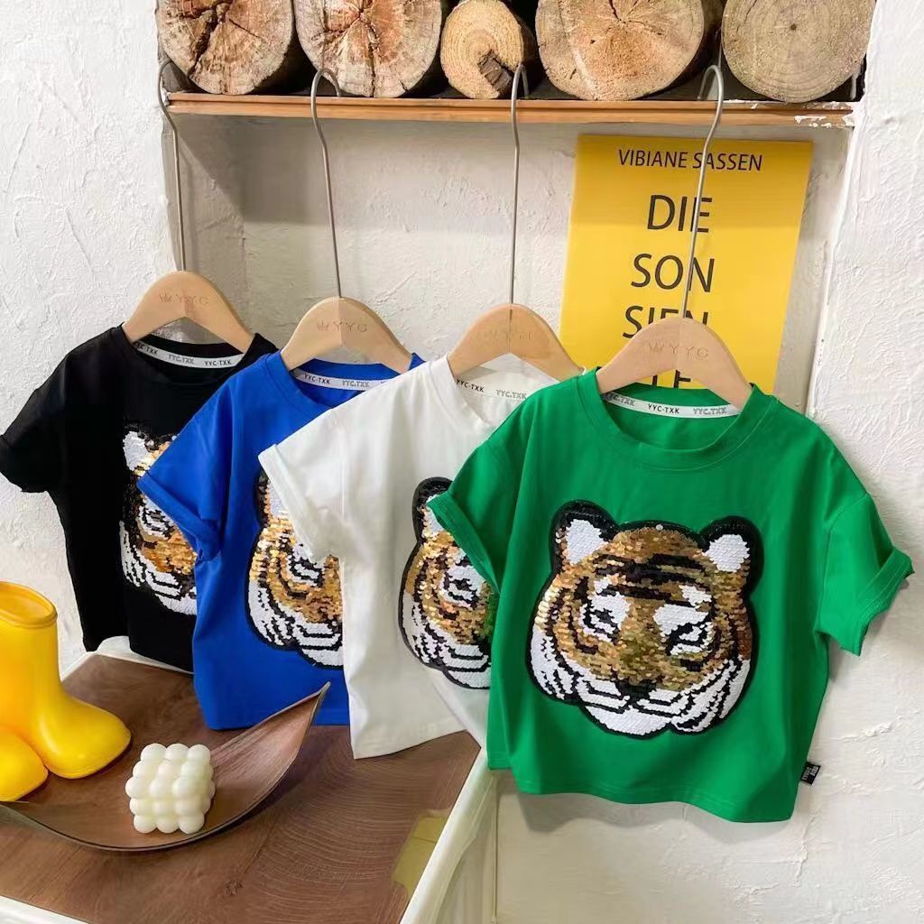 Áo Thun Cotton Ngắn Tay Cổ Tròn Đính Kim Sa Lấp Lánh Thời Trang Cho Trẻ Em Trai