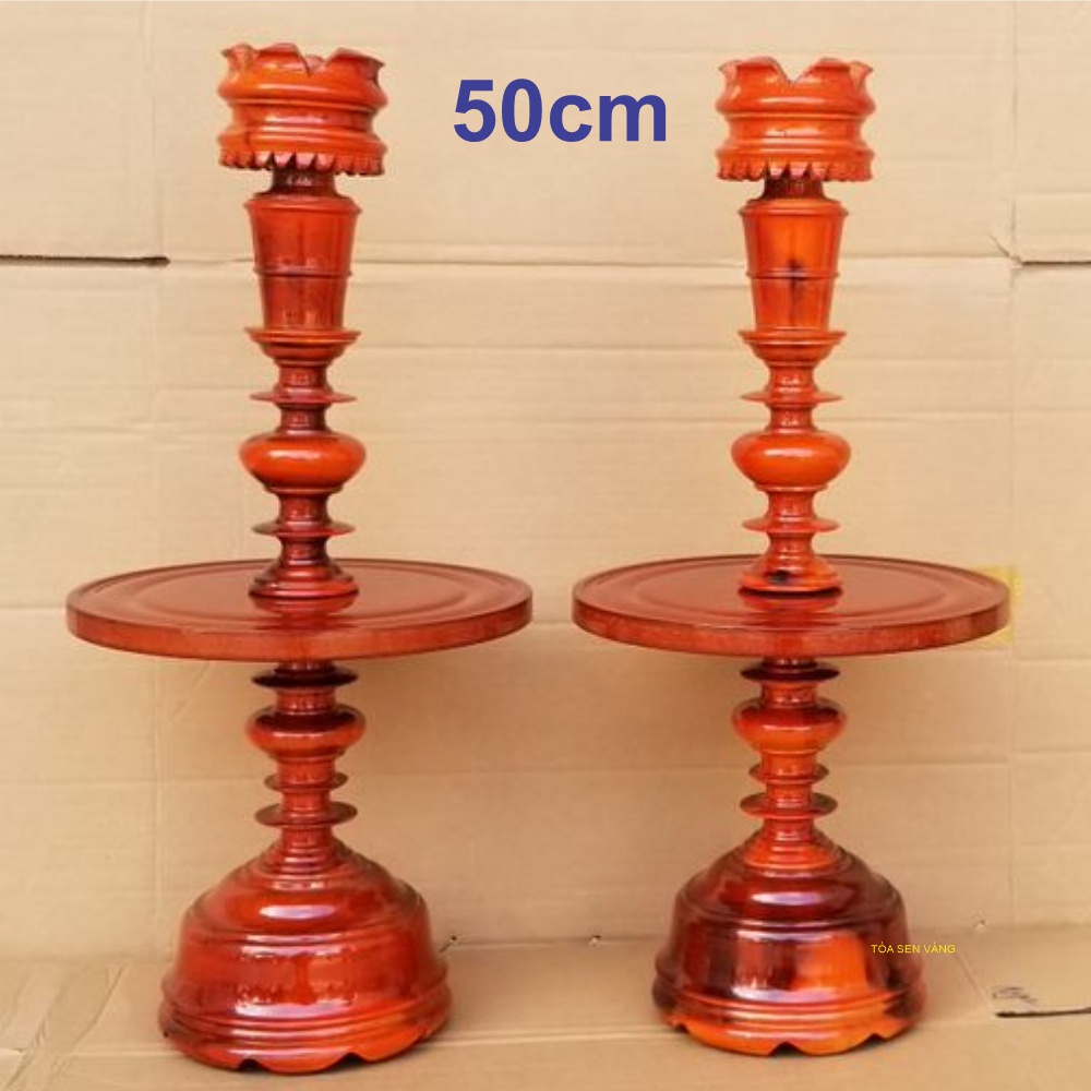 Cặp Chân Đèn Gỗ Cao 50cm - Chân đèn thờ, gỗ tràm bông vàng, màu nâu đỏ