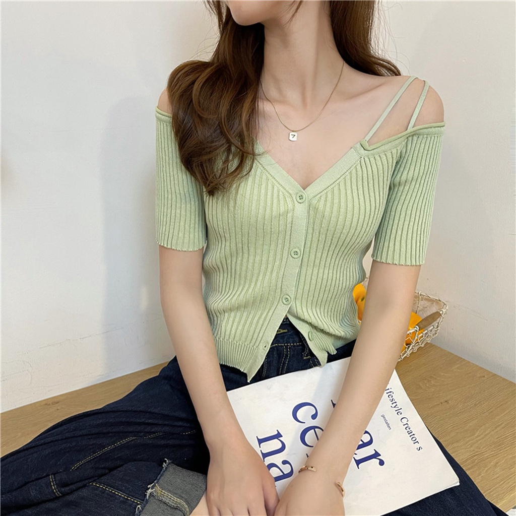 Áo len tăm 23Closet áo len trễ vai nữ tay ngắn sợi nhỏ hở vai co dãn cao cấp kiểu Hàn Quốc - ALTT14